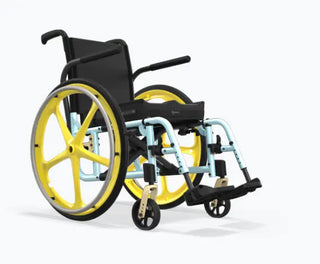 Ki Mobility Catalyst 5 (K0005) Ultra-Lightweight Folding Manuel Wheelchair, one with yellow wheels and the other with light blue wheels, on a white background.