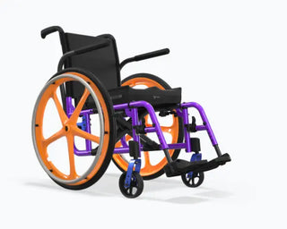 Ki Mobility Catalyst 5 (K0005) Ultra-Lightweight Folding Manuel Wheelchair with orange wheels on a white background