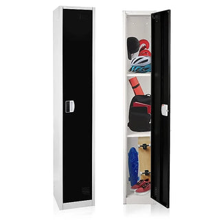 Alpine Industries ADI629-201 single tier black steel locker shown closed and open with shelves holding sports gear