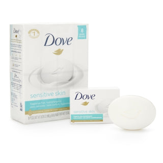 Dove® 954900_CS Soap Sensitive Skin Bar packaging with a bar of soap on a white background