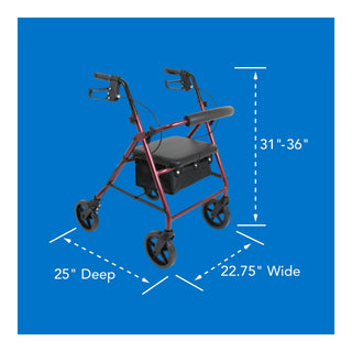 Drive DeVilbiss Healthcare ProBasics RLA8BG 4 Wheel Rollator, Deluxe Burgundy Adjustable Height