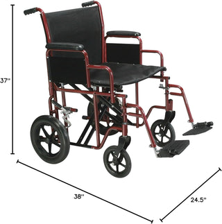 Red wheelchair with black seat and footrests, shown with dimensions on a white background.