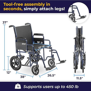 Wheelchair with assembly instructions and dimensions on a white background