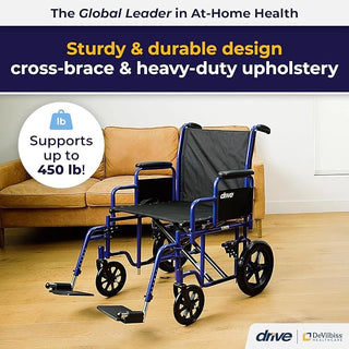Wheelchair with blue frame and black seat in a living room setting, featuring text about durability and weight capacity.