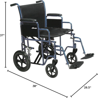 Black wheelchair with blue frame and dimensions labeled on a white background