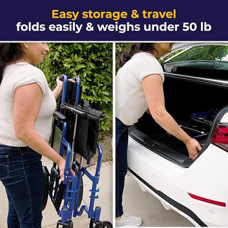 Person folding a blue dolly and placing it in a car trunk with text about easy storage and travel.
