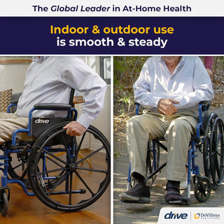 Person using a wheelchair outdoors and indoors with text about indoor and outdoor use.
