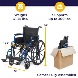 Drive Medical 20951 Blue Streak Lightweight Wheelchair 18" Flip-Back Desk Arms