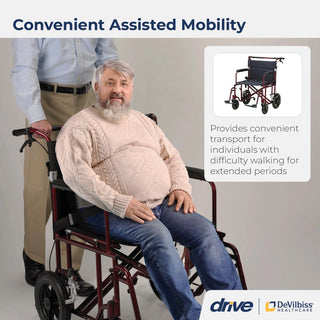 Man using a wheelchair with text about convenient assisted mobility and DeVilbiss Healthcare.