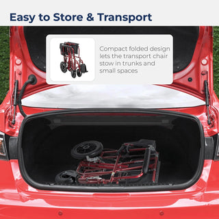 Compact folded transport chair stored in a car trunk with text 'Easy to Store & Transport'.