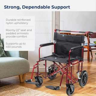Red wheelchair with black seat and arms on a wooden floor, surrounded by furniture.