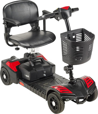 Black and red mobility scooter with a basket on a white background