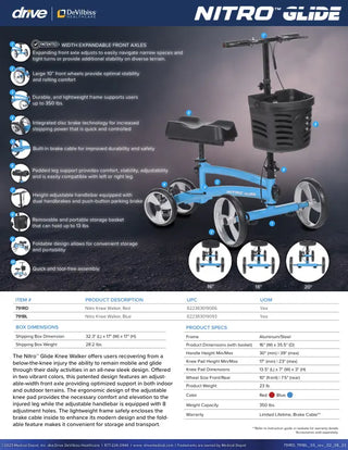 Drive Medical 791BL/791RD Nitro Glide Foldable Knee Walker Knee Scooter Crutch Alternative, Blue or Red, 350 lbs Weight Capacity