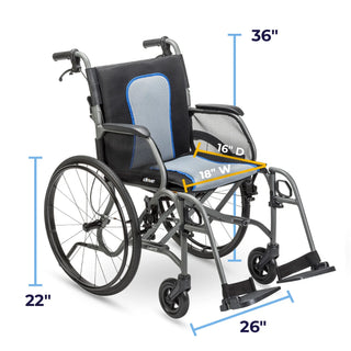Drive DeVilbiss Healthcare AF18FDAGY-SF AeroFly Ultra-Lite Lightweight Wheelchair, 250 lbs. Dimensions