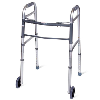Drive DeVilbiss Healthcare FGA87100 0000 Carex Dual Release Folding Walker with Wheels Adjustable Height, 300 lbs