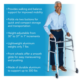 Drive DeVilbiss Healthcare FGA87100 0000 Carex Dual Release Folding Walker with Wheels Adjustable Height, 300 lbs