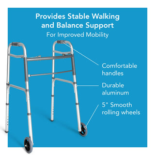 Drive DeVilbiss Healthcare FGA87100 0000 Carex Dual Release Folding Walker with Wheels Adjustable Height, 300 lbs