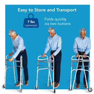Drive DeVilbiss Healthcare FGA87100 0000 Carex Dual Release Folding Walker with Wheels Adjustable Height, 300 lbs