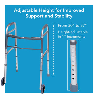 Drive DeVilbiss Healthcare FGA87100 0000 Carex Dual Release Folding Walker with Wheels Adjustable Height, 300 lbs