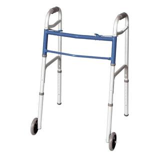 Drive DeVilbiss Healthcare FGA87977 0000 Carex Dual Release Folding Walker with Wheels Adjustable Height, 300 lbs