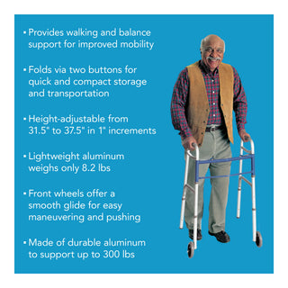 Drive DeVilbiss Healthcare FGA87977 0000 Carex Dual Release Folding Walker with Wheels Adjustable Height, 300 lbs