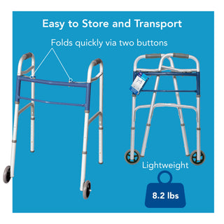 Drive DeVilbiss Healthcare FGA87977 0000 Carex Dual Release Folding Walker with Wheels Adjustable Height, 300 lbs