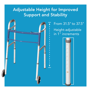 Drive DeVilbiss Healthcare FGA87977 0000 Carex Dual Release Folding Walker with Wheels Adjustable Height, 300 lbs