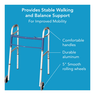 Drive DeVilbiss Healthcare FGA87977 0000 Carex Dual Release Folding Walker with Wheels Adjustable Height, 300 lbs