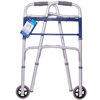 Drive DeVilbiss Healthcare FGA87977 0000 Carex Dual Release Folding Walker with Wheels Adjustable Height, 300 lbs