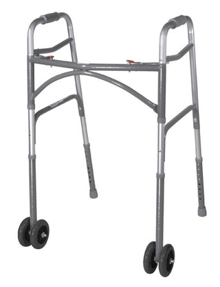 Silver, Drive Medical 1056C Bariatric Aluminum Adult Folding w/Wheels walker with wheels on a white background