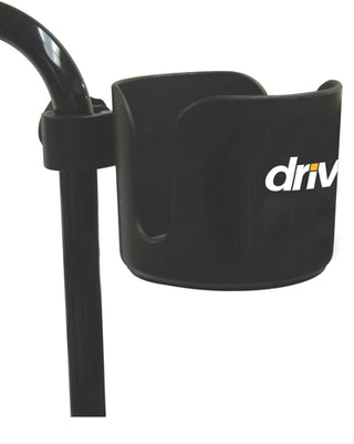 Drive Medical 10679 black cup holder with 'driv' logo on a white background