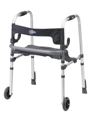 Gray and silver Drive Medical 1071 Clever-Lite ,w/Seat & Push-Down Brakes walker with wheels on a white background