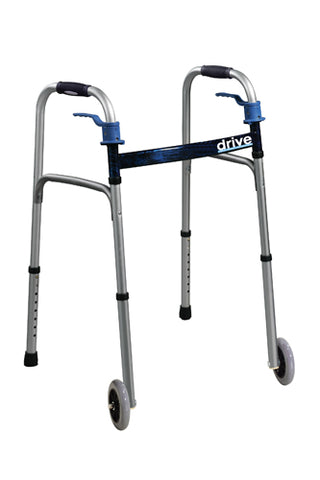 Silver and blue  Drive Medical 1073E Walker, Trigger Release, Adult, with 5"  Wheels,Aluminum Folding  with blue accents on a white background