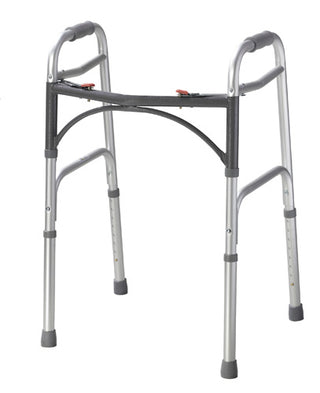 Silver Drive Medical 1075B Easy-Release 2 Button Folding, Youth,Aluminum,350 Ibs walker with four legs on a white background