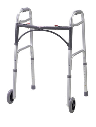 Silver Drive Medical 1075G Folding 2-Button Youth W/5"  Wheels Deluxe walker with wheels on a white background