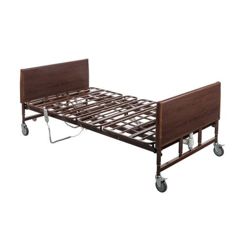 Drive Medical 15303LW Lightweight Full-Electric Bariatric Bed Only, 54" Wooden bed frame with wheels on a white background