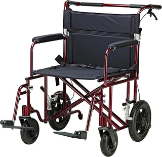 Red and black folding wheelchair on a white background
