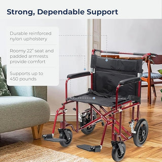 Red wheelchair with black seat and arms on a wooden floor, surrounded by furniture.