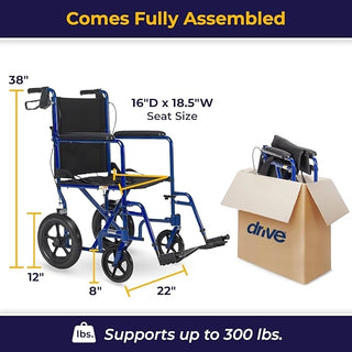 Drive Medical EXP19LTBL Expedition Lightweight Aluminum Transport Chair 19" Blue