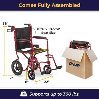 Drive Medical EXP19LTRD Expedition Lightweight Aluminum Transport Chair 19" Red