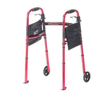 Drive Medical RTL10263KDR Deluxe Portable Folding Travel Walker w/ 5" Wheels and Fold up Legs, Red Frame, 300 lbs Weight  Capacity