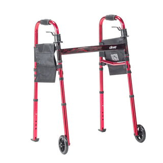 Drive Medical RTL10263KDR Deluxe Portable Folding Travel Walker w/ 5" Wheels and Fold up Legs, Red Frame, 300 lbs Weight  Capacity