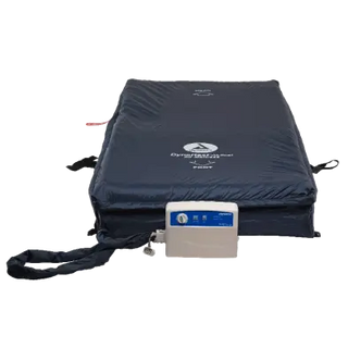 Blue inflatable Dynarex 10442 DynaRest Airfloat 300 Air Mattress wiyh Pump, 36" × 80", 400Ib with control panel on a white background