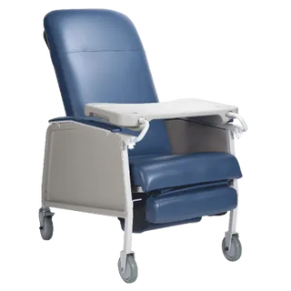 Blue and gray medical recliner chair on a white background
