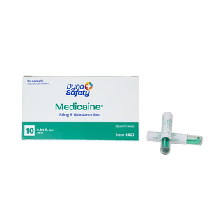 Box of Dyna Safety Medicaine sting and Dynarex 1407 DynaSafety Medicaine Insect Bite Ampules on a white background