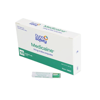 Box of DynaSafety Medicaine Sting & Dynarex 1407 DynaSafety Medicaine Insect Bite Ampule on a white background