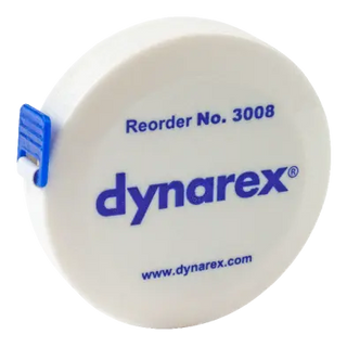 Dynarex tape measure with white casing and blue accents on a white background