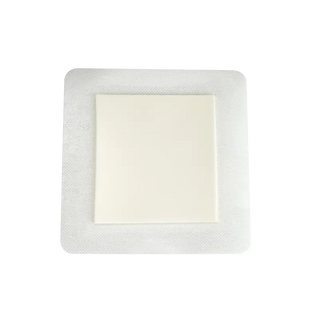 Rectangular white Dynarex 3038 DynaFoam - Waterproof Dressing, Bordered with a textured rim on a white background