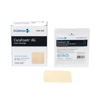 Two packages of Dynarex 3047 CuraFoam AG Silver Foam Dressings on a white background