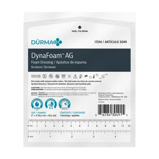 Dynarex 3049 DynaFoam AG Bordered Silver Foam Dressings packaging with branding and product details on a white background